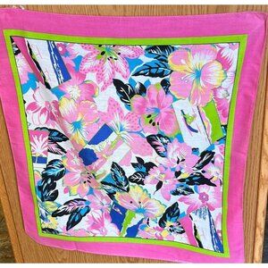 Vintage Wamcraft Cotton Scarf Bandana Hibiscus Flowers Sea Side Scene 14193 Pink